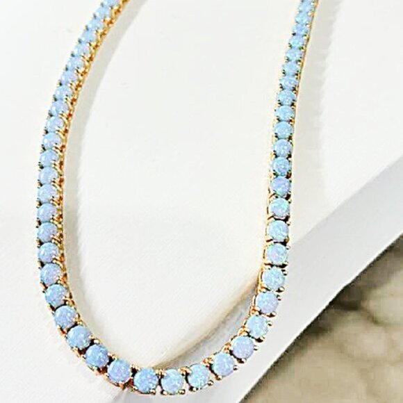 Shimmering Simulated Blue or White Opal Tennis 18K Gold Plated Necklace 16" - Picture 4 of 9